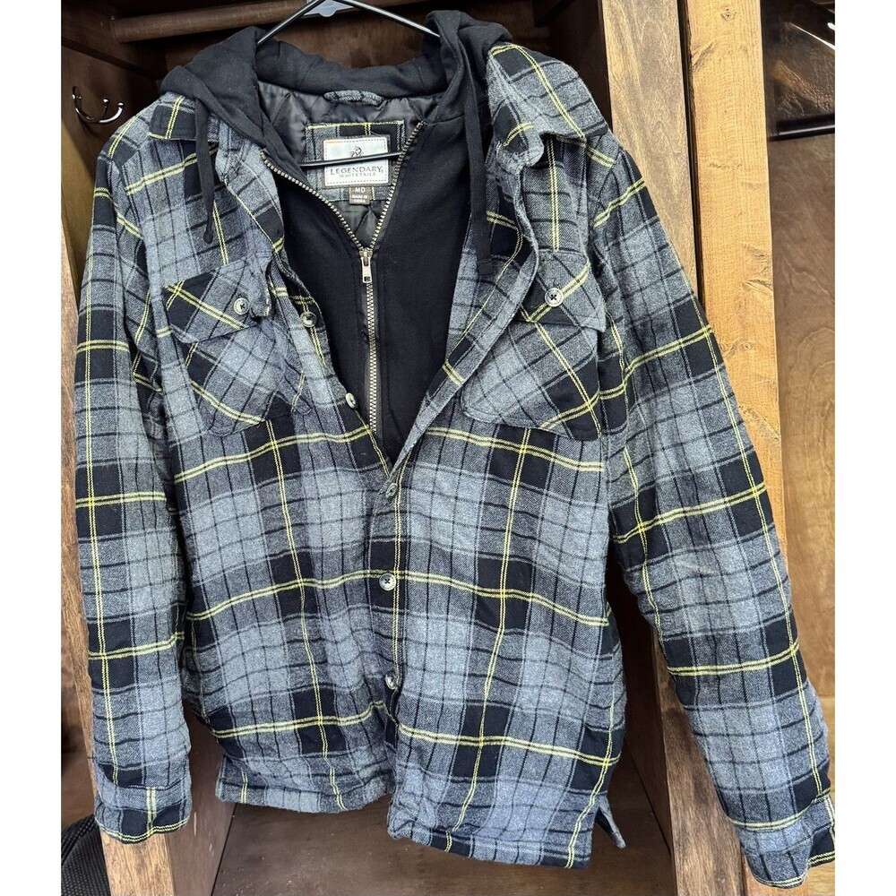 🦌 Legendary Whitetails Mens Hooded Flannel Button Up Jacket Sz Medium Quilted